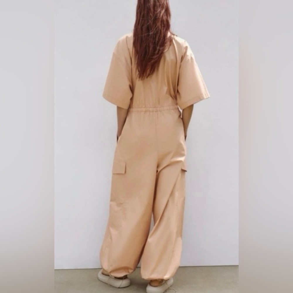 ZARA NWT Shirt-Style Cargo Full Length Oversized Jumpsuit Cotton XS - Picture 3 of 4